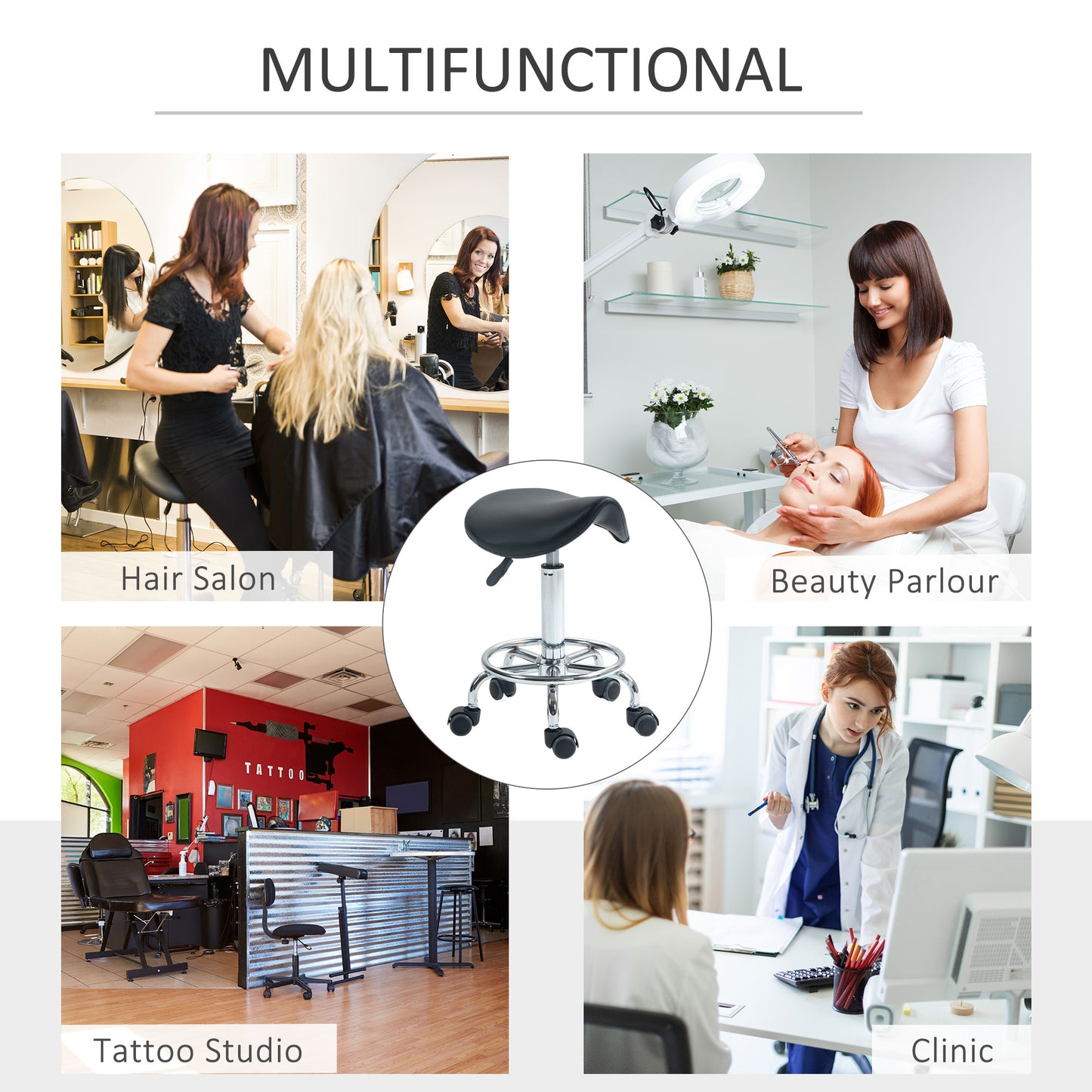 HOMCOM Salon Saddle Stool Rolling Saddle Chair for Massage Spa Clinic Beauty Hairdressing and Tattoo Black