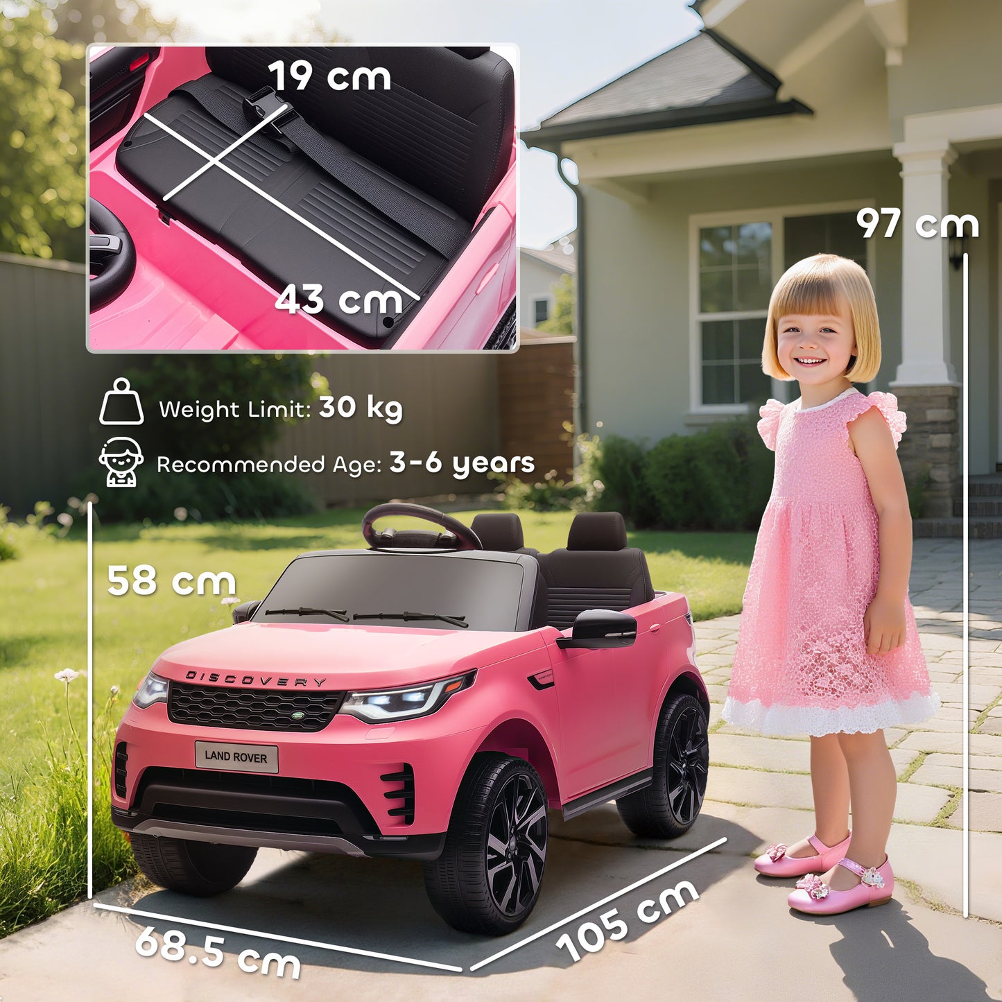 AIYAPLAY Land Rover Discovery Licensed 12V Kids Electric Car with Remote, 4 Wheel Suspension, Slow Start, Lights, Music, Pink