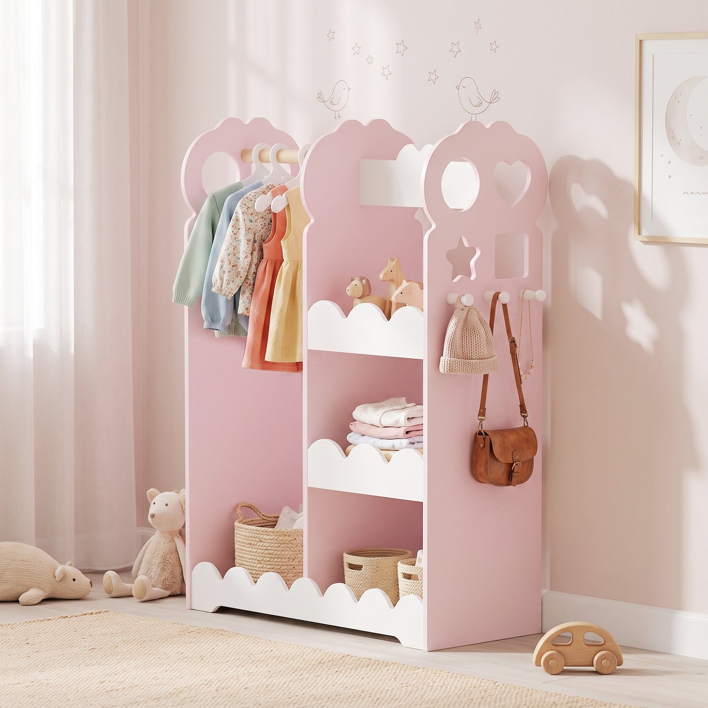 AIYAPLAY Kids Wardrobe, Children Dress Up Storage with Mirror, Clothes Rail, Shelves, Hangers for Girls Boys Bedroom Nursery Pink