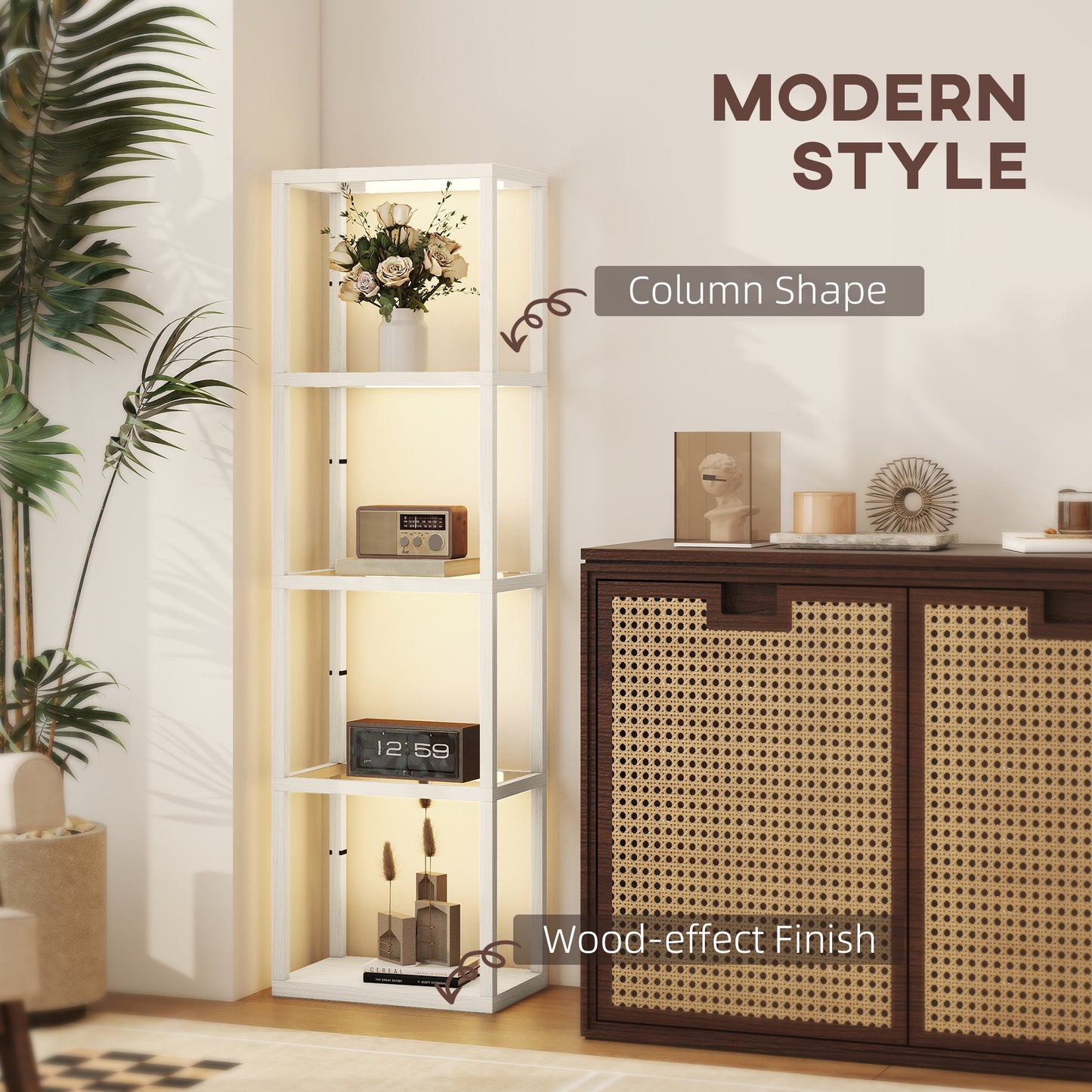 HOMCOM LED Floor Lamp with Glass Shelves, 4-Tier Dimmable Standing Light, Modern Shelf Lamp for Living Room, Bedroom, Office, Oak