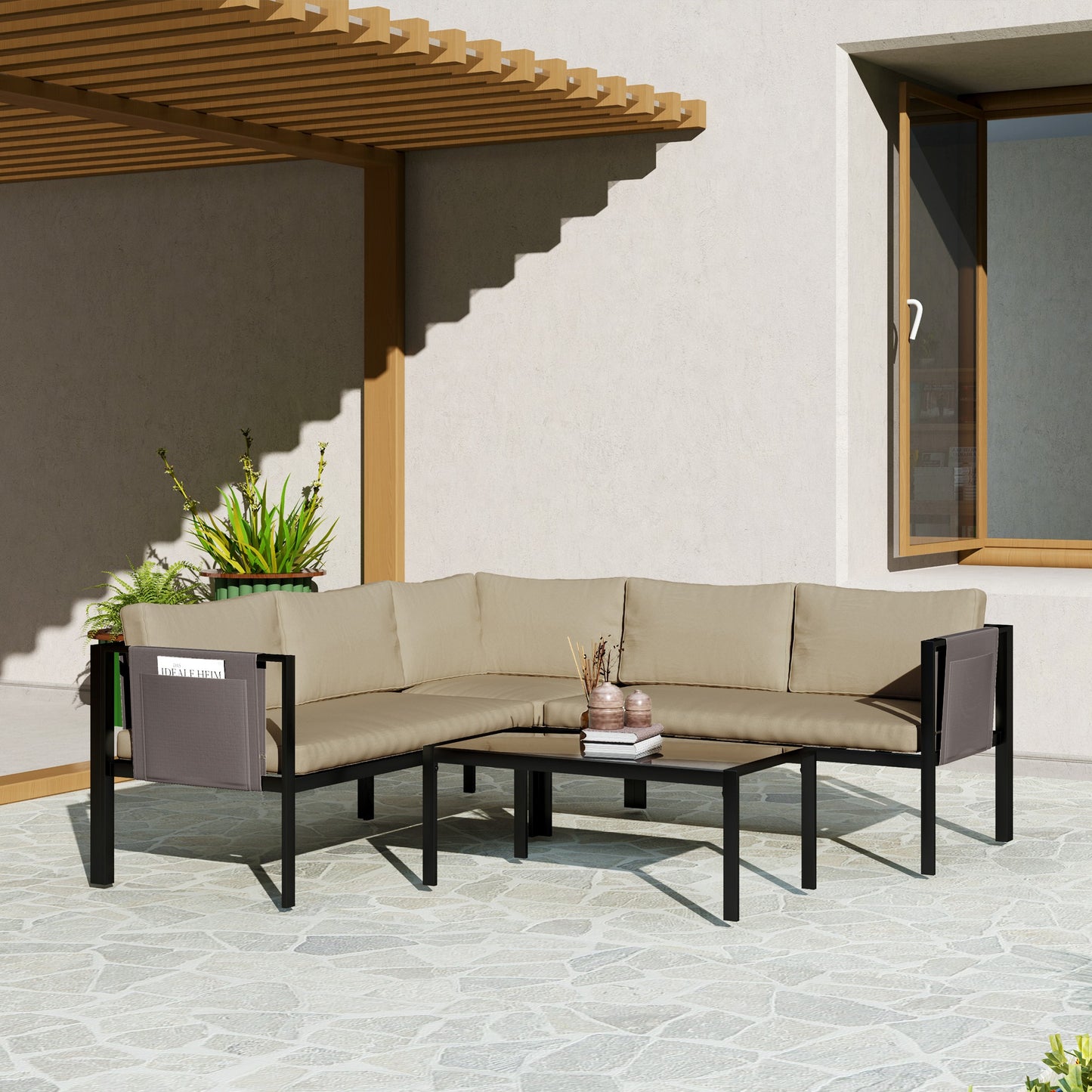 Outsunny 4 Pc Metal Garden Furniture Set w/ Glass Coffee Table, Mesh Pocket, Sofa Loveseat, Padded Cushions, Khaki