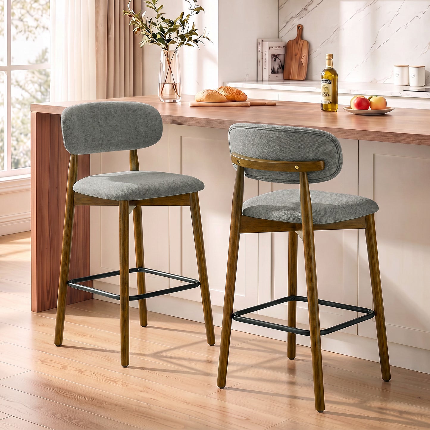 HOMCOM Bar Stools Curved Open Back Padded Seat Footrest Set of 2 for Kitchen Grey