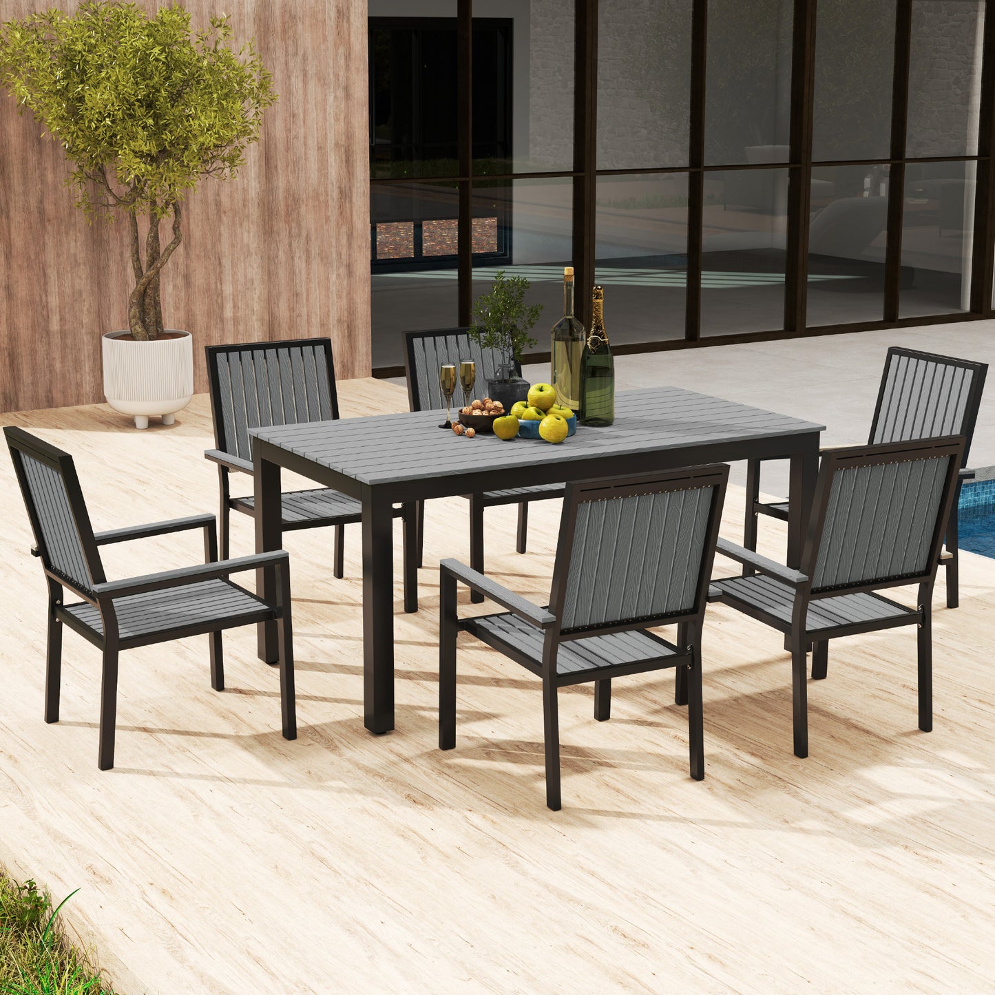 Outsunny 6 Seater Garden Dining Set, Stackable Chairs, Aluminum Frame, Rectangular Top, Outdoor Furniture for Patio/Poolside, Grey