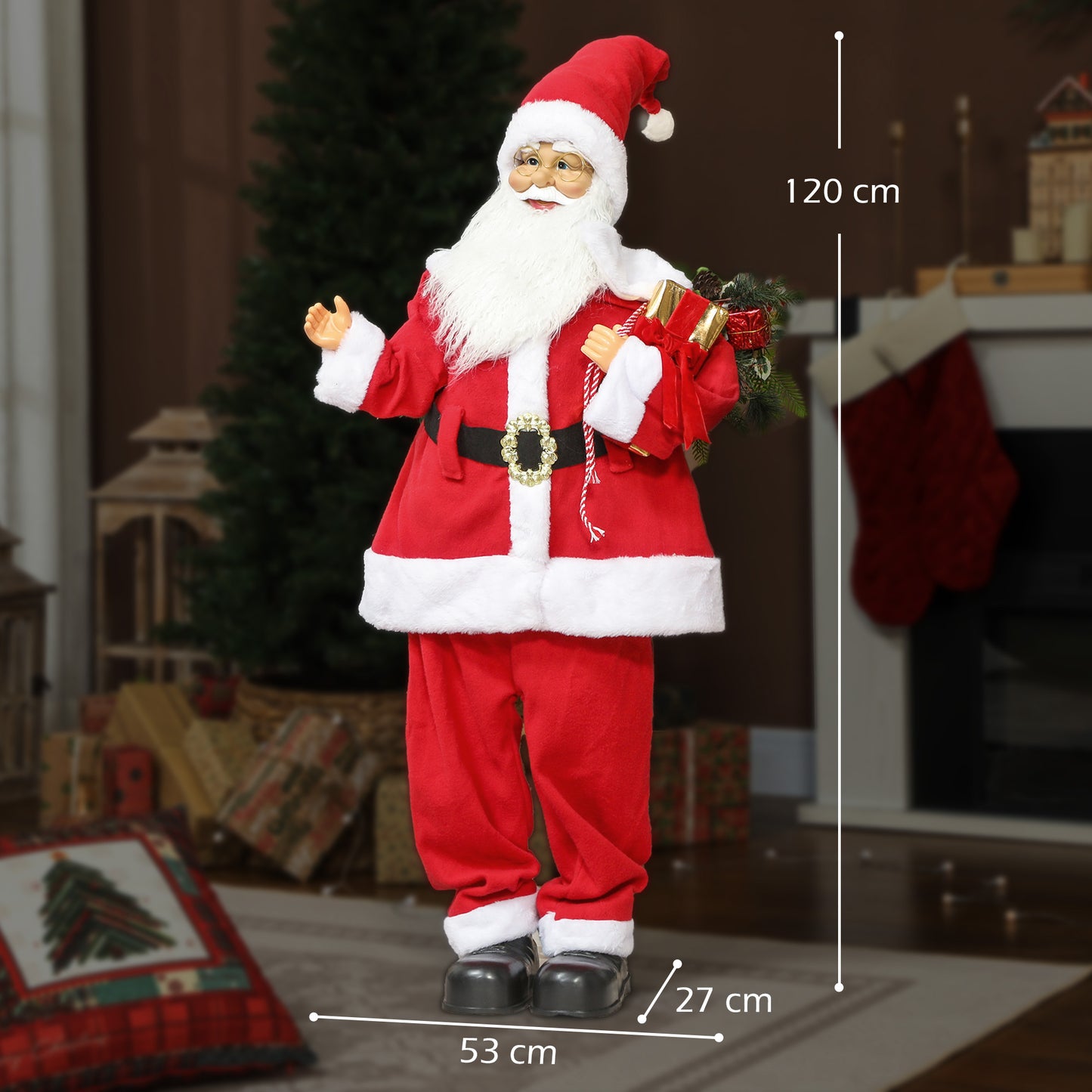 HOMCOM Life Size Santa Claus Christmas Decoration, Voice-Activated with Twinkling LED Lights, Red