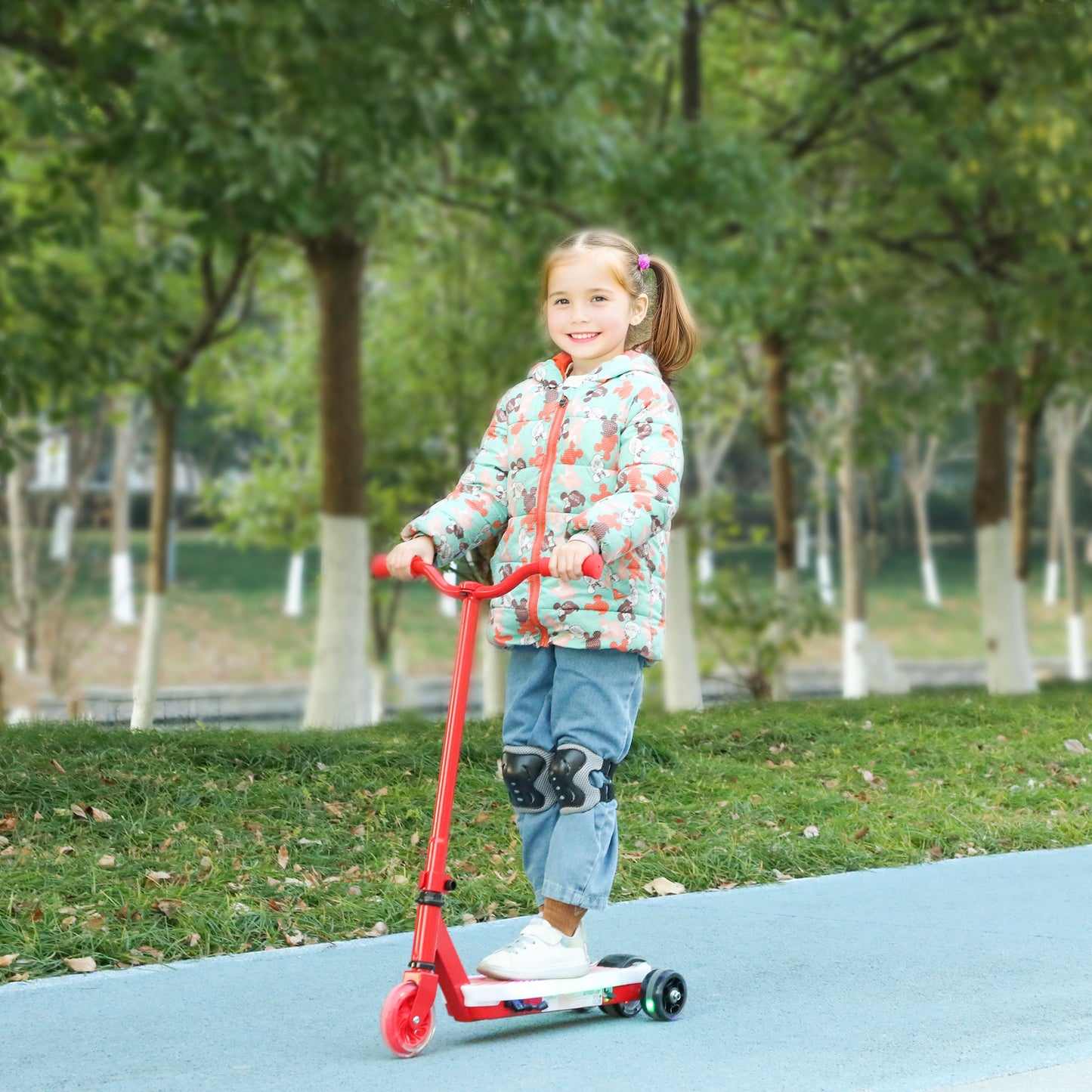 AIYAPLAY Electric Scooter for Kids Ages 4-7, Aux Rear Wheels, LED Light, Electric Brake, 6 KM/H & 8 KM, Red