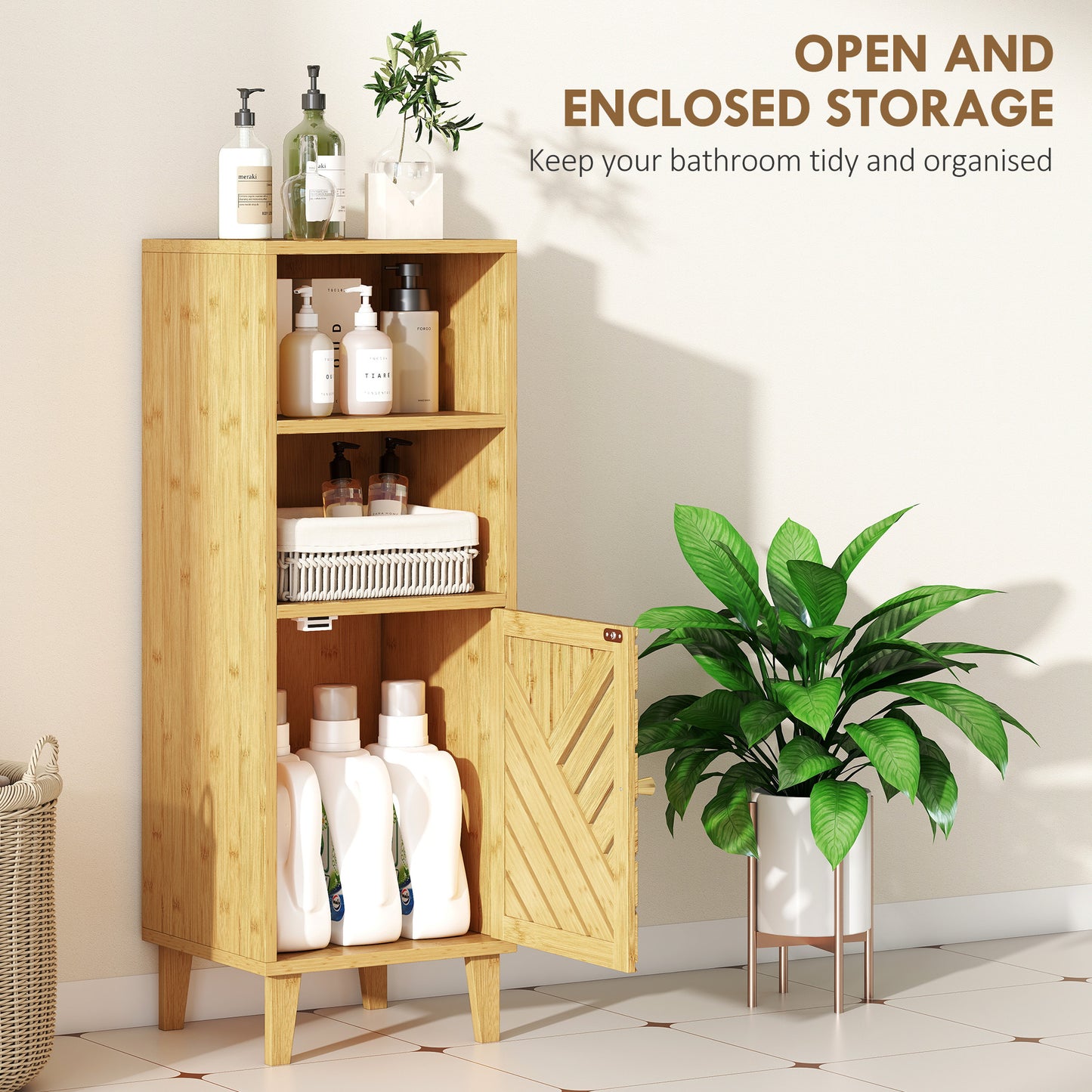 HOMCOM Slim Bathroom Cabinet, Narrow Freestanding Storage Cupboard with Bamboo Door and Legs, Open Compartments, Natural Wood Finish.