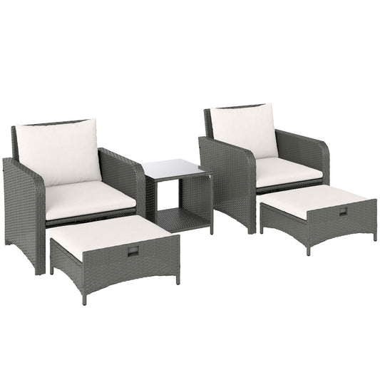 Outsunny Five Piece Rattan Garden Furniture Set with 2-Tier Coffee Table and Ottomans  - Cream White
