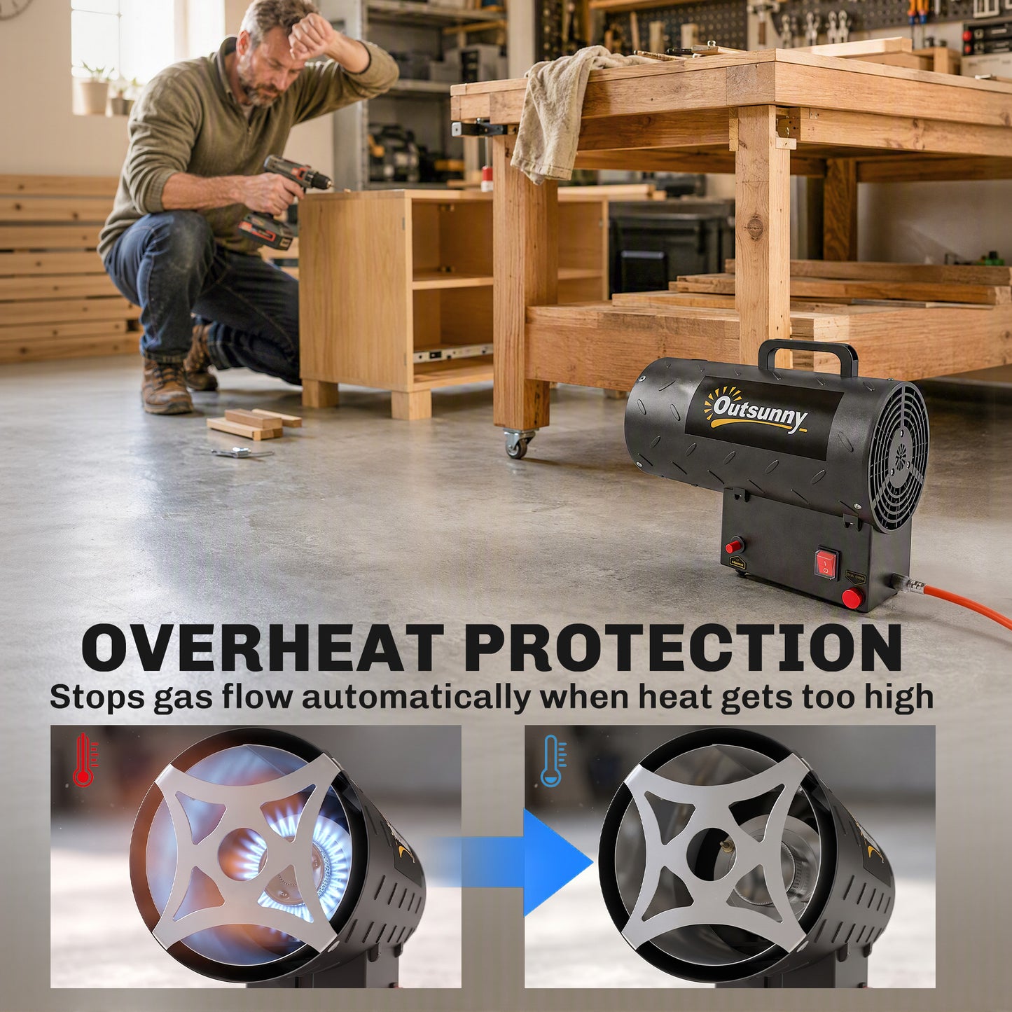 Outsunny 15 kW/51000 BTU Industrial Propane Space Heater, Portable Forced Air Gas Fan Patio Heater w/ Overheat Protection, Black