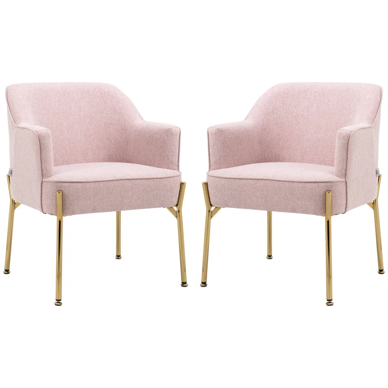 HOMCOM Accent Chair, Living Room Armchair, Vanity Chair with Gold Plating Metal Legs and Soft Padded Seat for Bedroom and Café, Set of 2, Pink