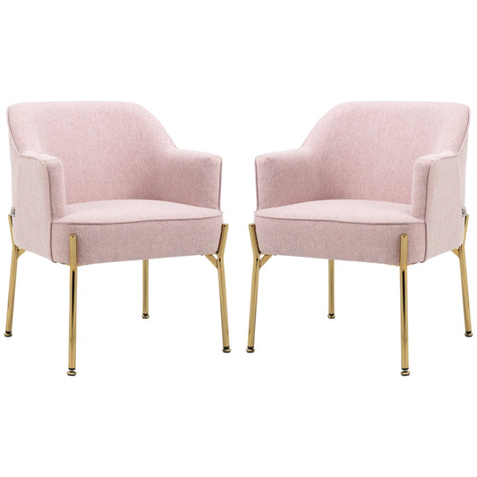 HOMCOM Accent Chair, Living Room Armchair, Vanity Chair with Gold Plating Metal Legs and Soft Padded Seat for Bedroom and Café, Set of 2, Pink
