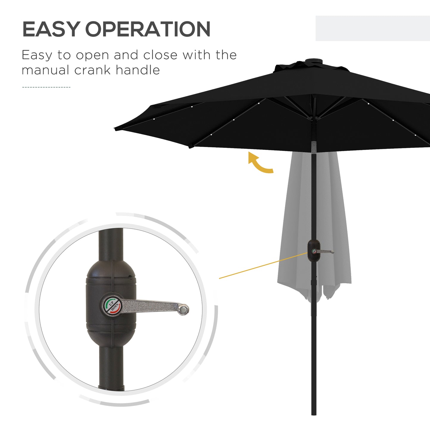 Outsunny 2.7m Outdoor Patio Garden Umbrella Parasol with Tilt Crank and 24 LEDs Lights Black