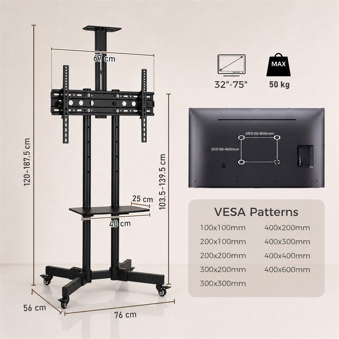 HOMCOM Mobile TV Stand on Wheels for 32-75 Inch Screens, Mobile TV Cart with Tilt, Height Adjustable, Black