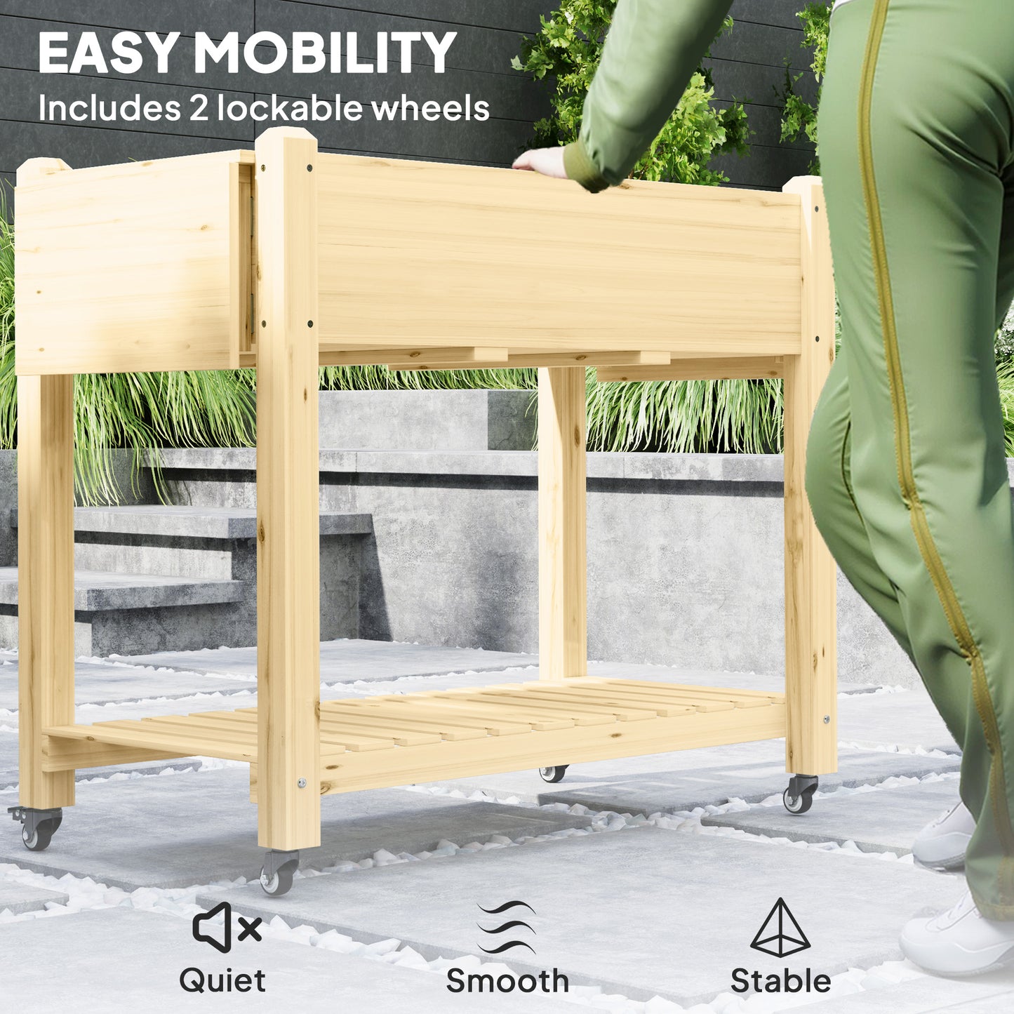 Outsunny Raised Garden Bed, Wooden Planter Box with Wheels, Side Tables, Shelf, Liner & Drainage Holes