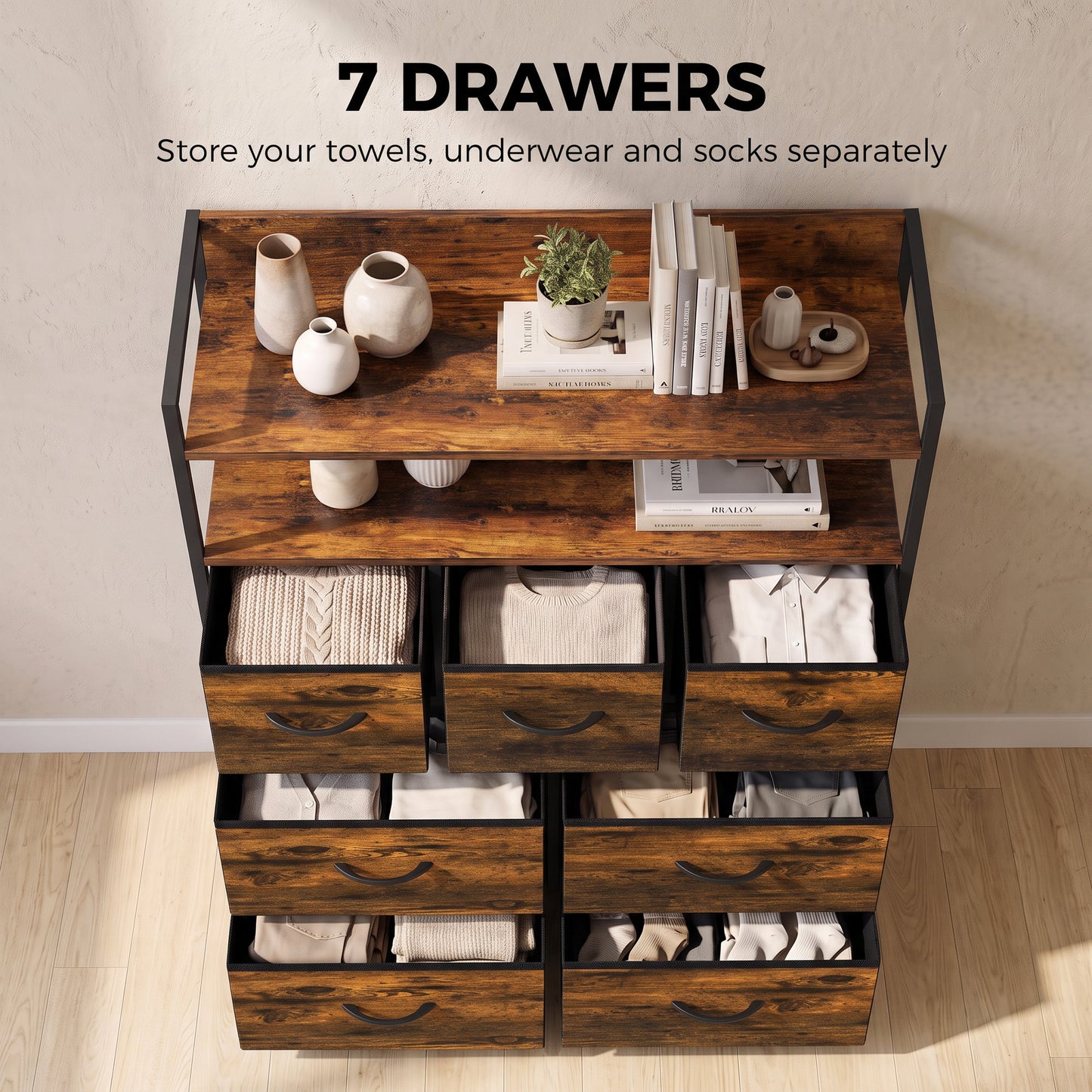 HOMCOM Chest of Drawers, Bedroom Fabric Dresser with 7 Drawers, Storage Organiser Unit with Open Shelves, Rustic Brown