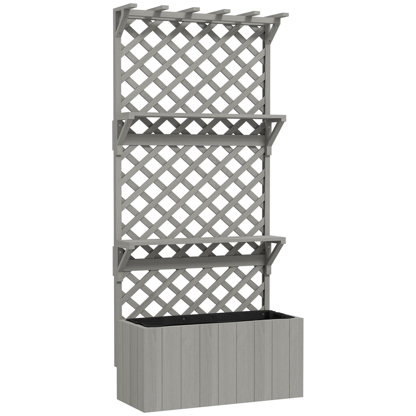 Outsunny Wooden Planter with Trellis, Freestanding Raised Bed with Roof, Shelves, Drainage Holes & Liner for Garden, Grey