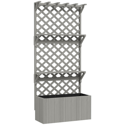 Outsunny Wooden Planter with Trellis, Freestanding Raised Bed with Roof, Shelves, Drainage Holes & Liner for Garden, Grey