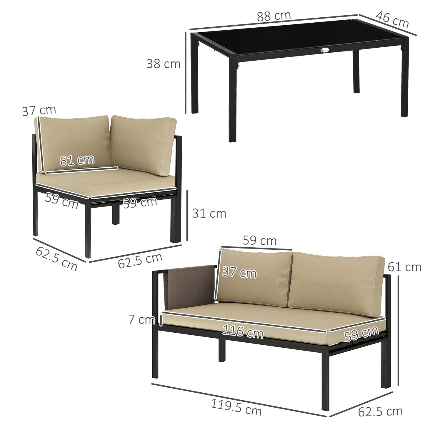 Outsunny 4 Pc Metal Garden Furniture Set w/ Glass Coffee Table, Mesh Pocket, Sofa Loveseat, Padded Cushions, Khaki