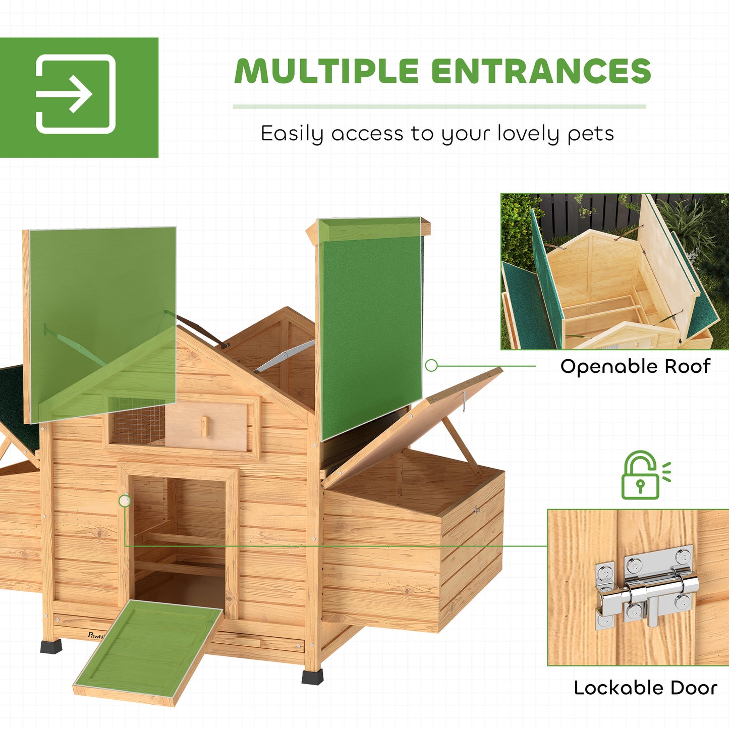 PawHut Chicken Coop, Wooden Outdoor Hen House Nesting Box, Openable Waterproof Top, Pull-Out Tray, 150 x 100 x 97cm