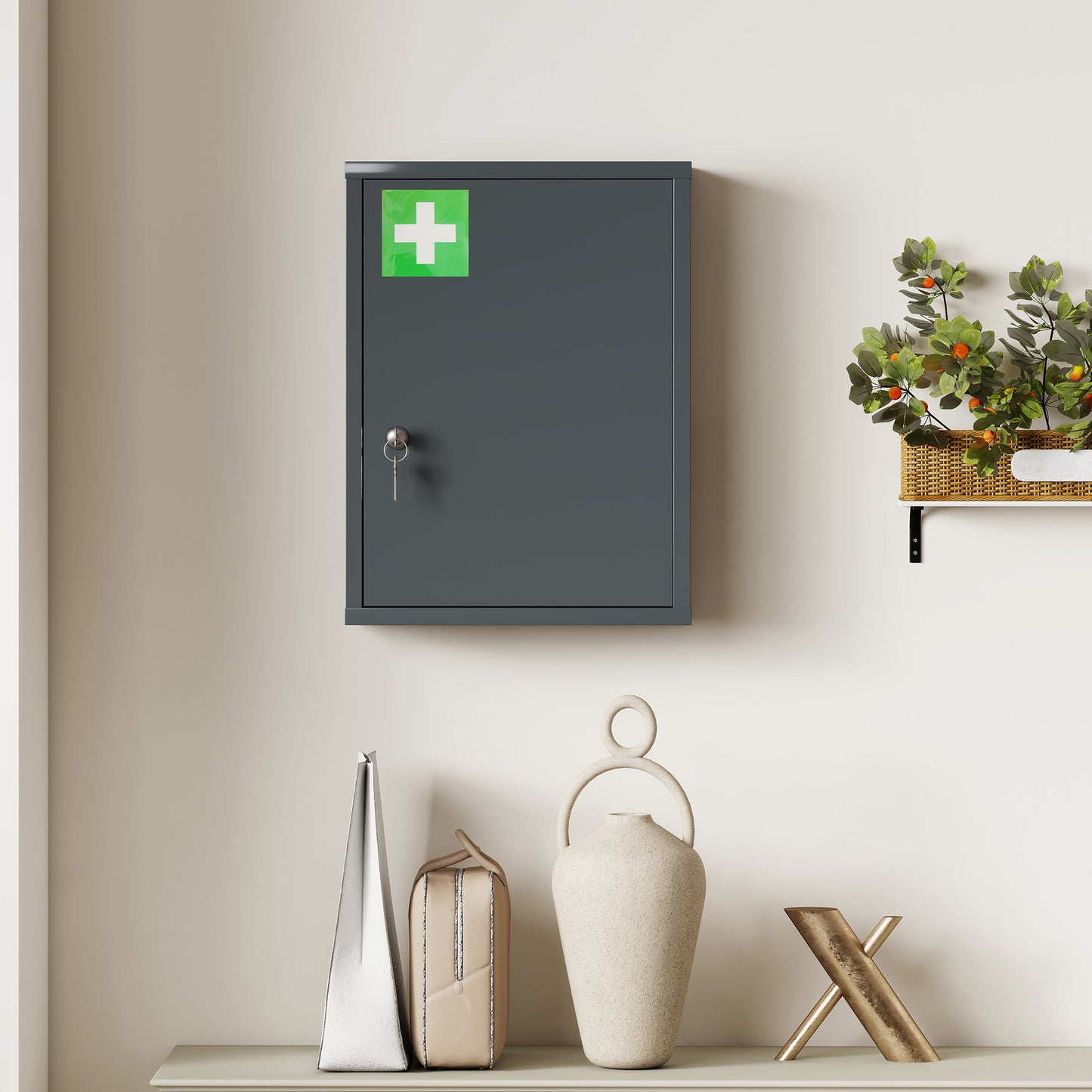 kleankin Locking Medicine Cabinet, First Aid Cabinet with Storage Shelves, with Lock and 2 Keys 53.5 x 40 x 15 cm, Smoke Grey