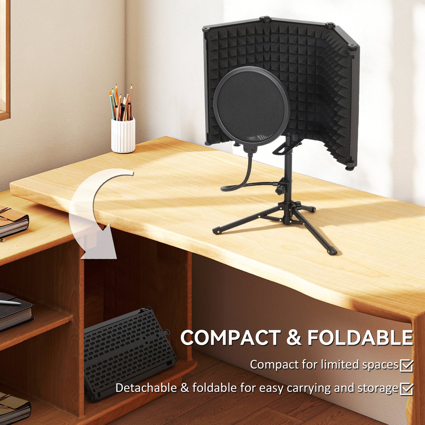 HOMCOM Studio Microphone Isolation Shield with Pop Filter & Tripod Stand, Foldable 3-Panel Foam Shield, 3/8" Threaded Mount, Black