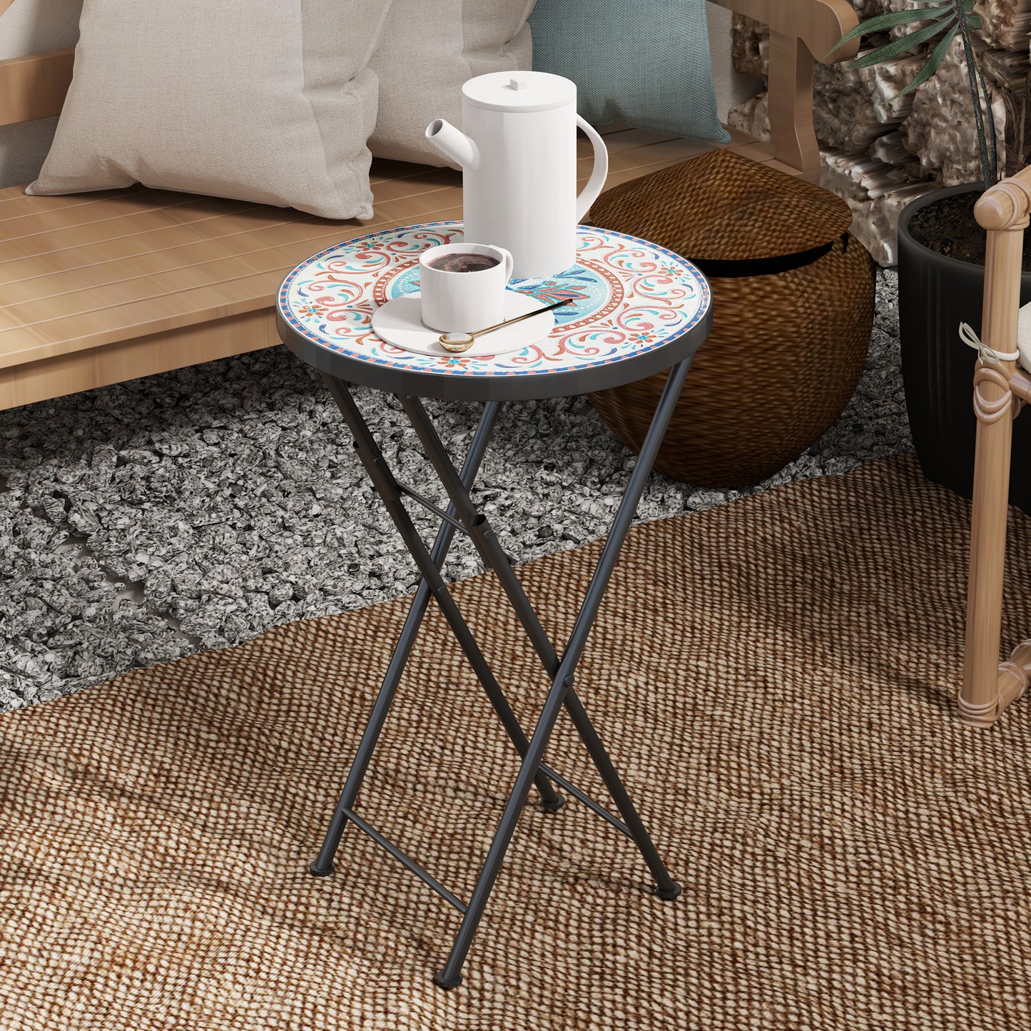 Outsunny Mosaic Garden Table, 35.5cm Round Folding Coffee Table with Metal Frame, Indoor Outdoor Table for Balcony Terrace, Multicolour