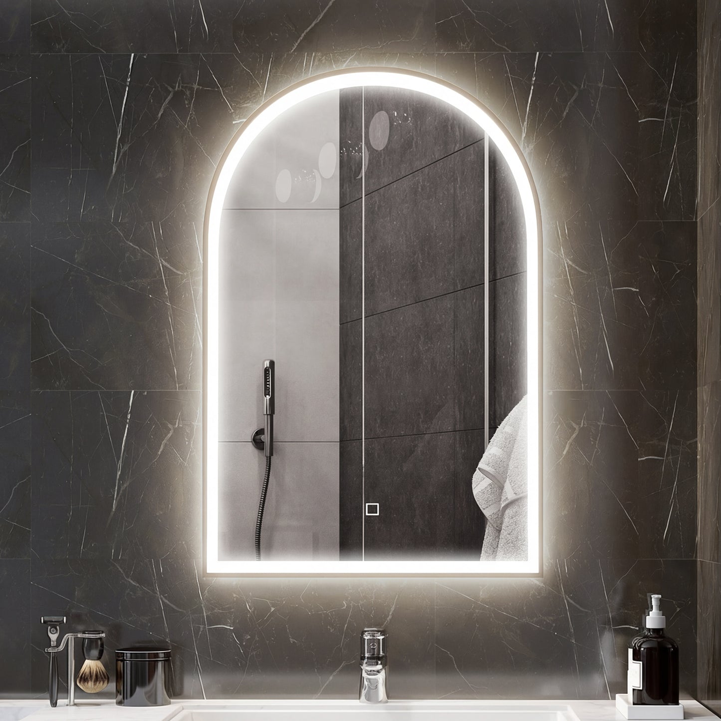 HOMCOM 90 x 60 cm Bathroom Mirror with LED Lights, Anti-Fog Arched Vanity Mirror with 3 Colour Dimmable, Gold Tone