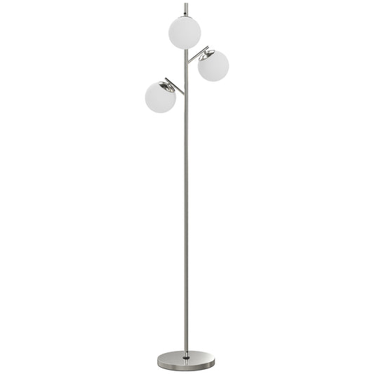 HOMCOM Modern 3-Light Tree Floor Lamp with Globe Lampshades, for Living Room and Bedroom, Steel Base, 3000K-6000K, Silver Tone