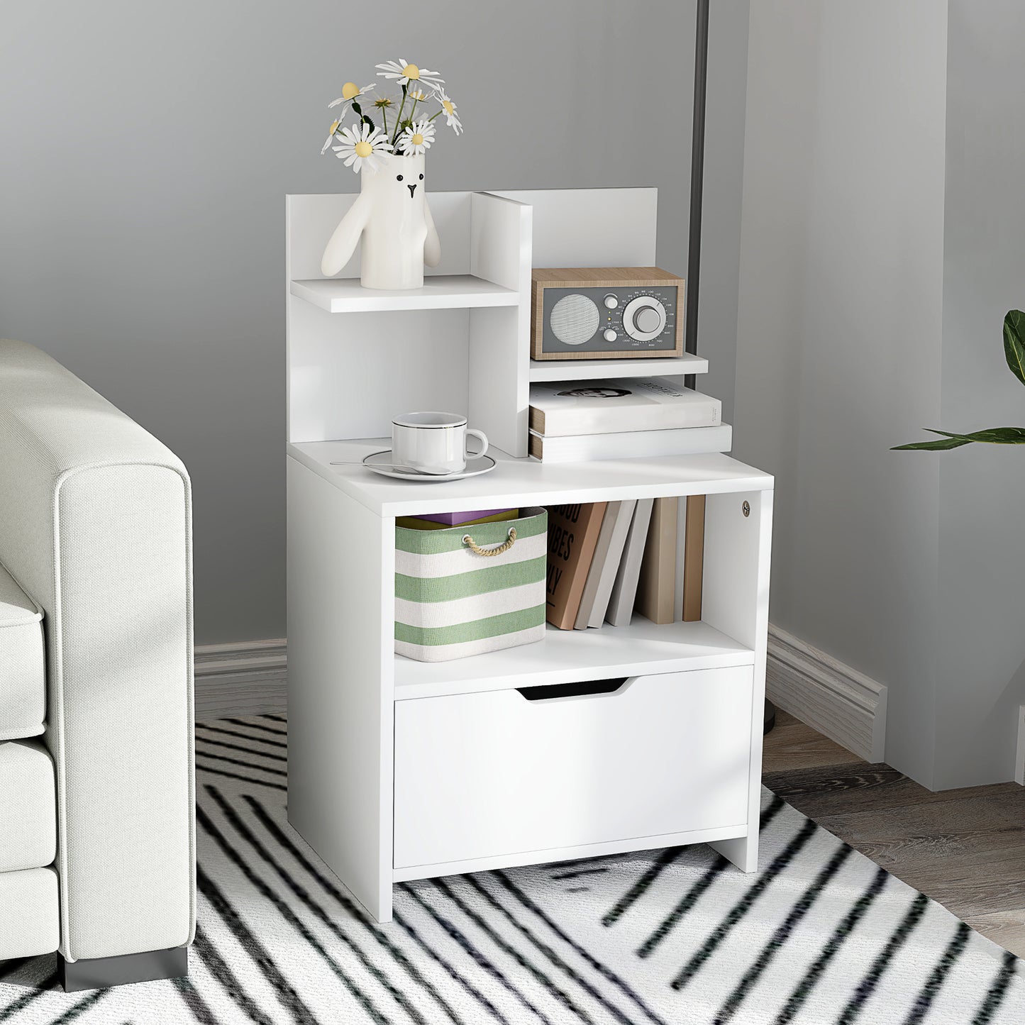 HOMCOM Modern Bedside Table, Nightstand with Drawer, Shelf, Bedside Cabinet for Bedroom, Living Room, White