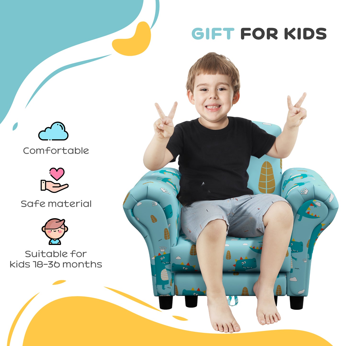 AIYAPLAY 2 Piece Kids Sofa Set with Dinosaur Design, Wooden Frame, for 1.5-3 Years Old - Blue