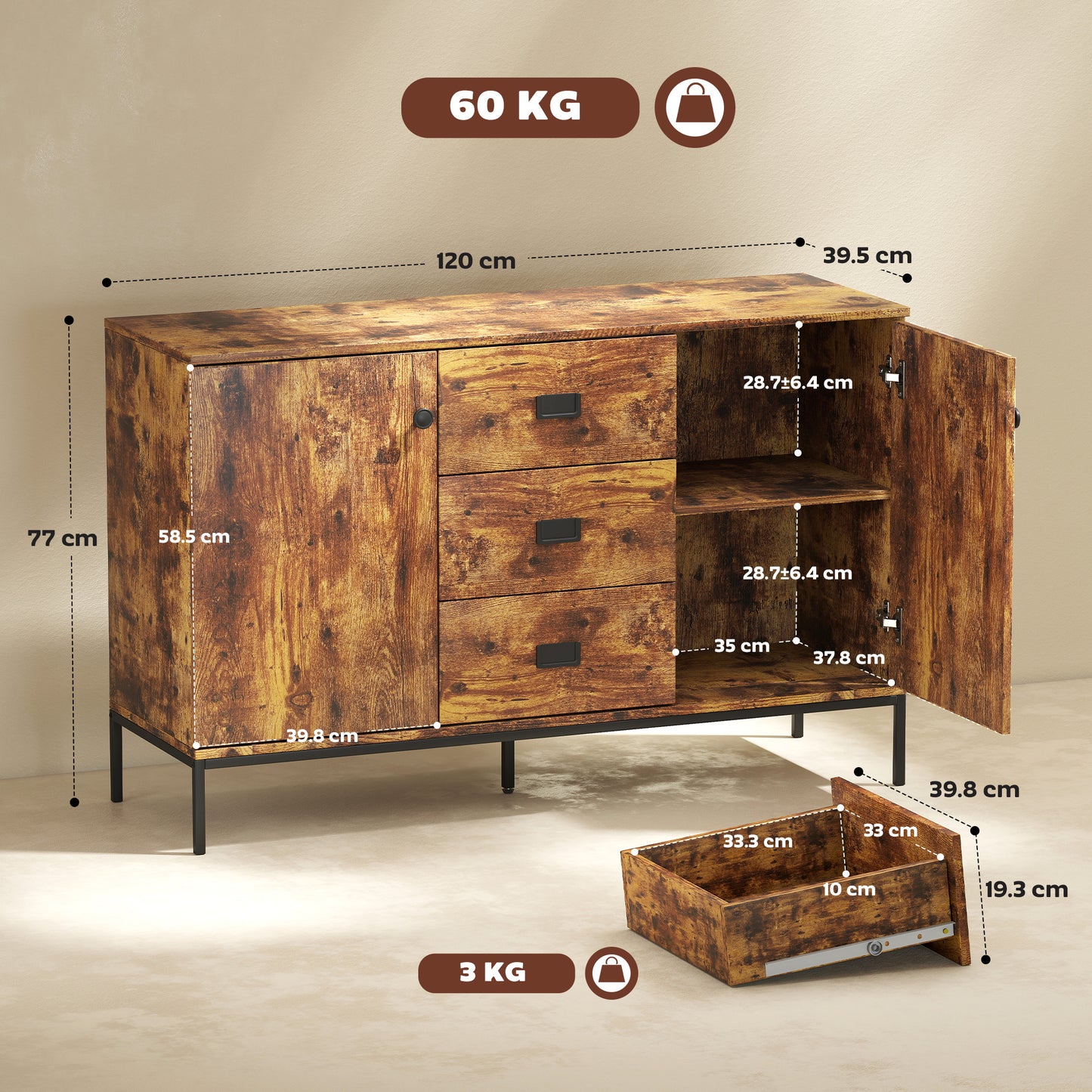 HOMCOM Industrial Rustic Brown Sideboard