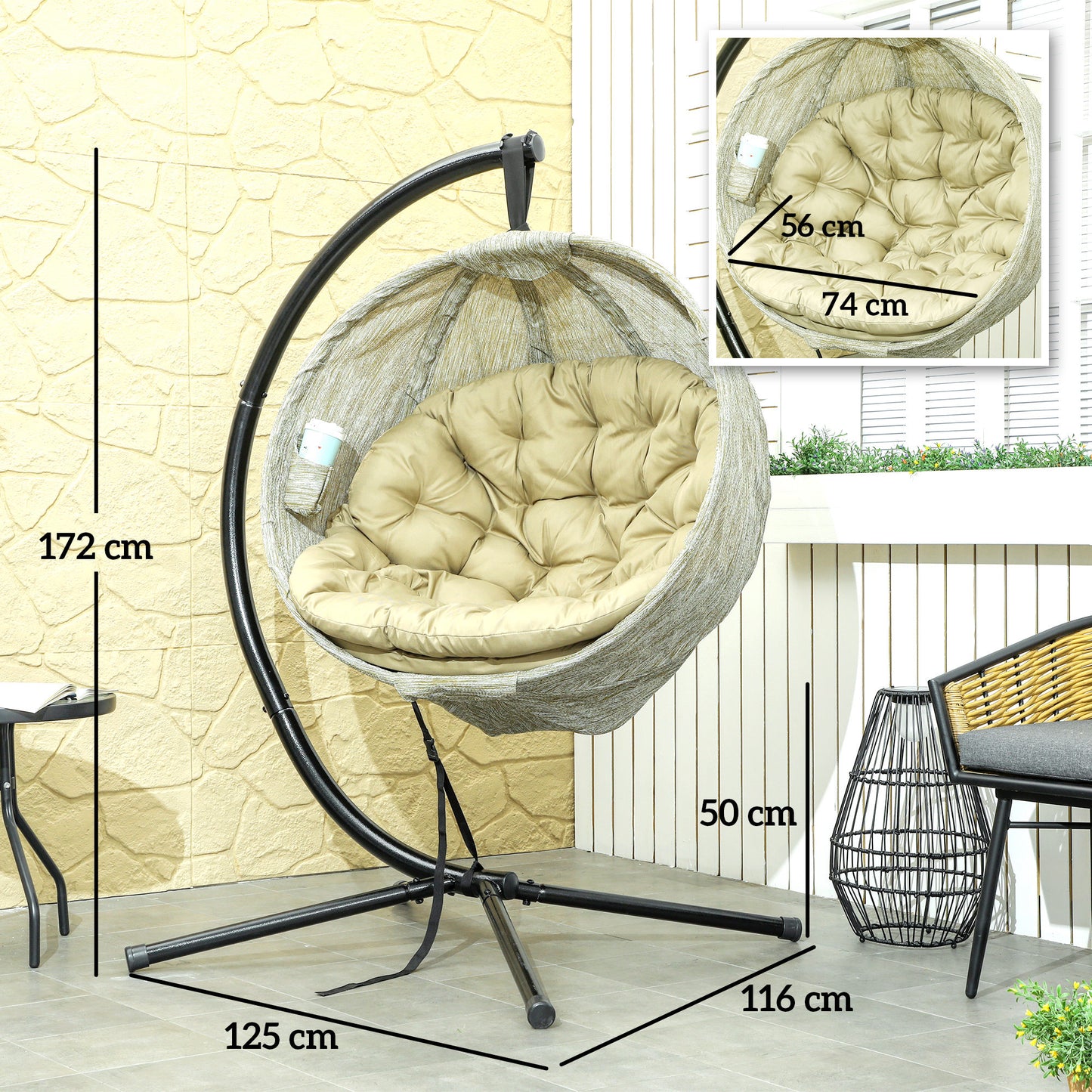 Outsunny Hanging Egg Chair: Indoor/Outdoor Swing with Stand, Cushion, Cup Holder for Patio/Balcony, Khaki