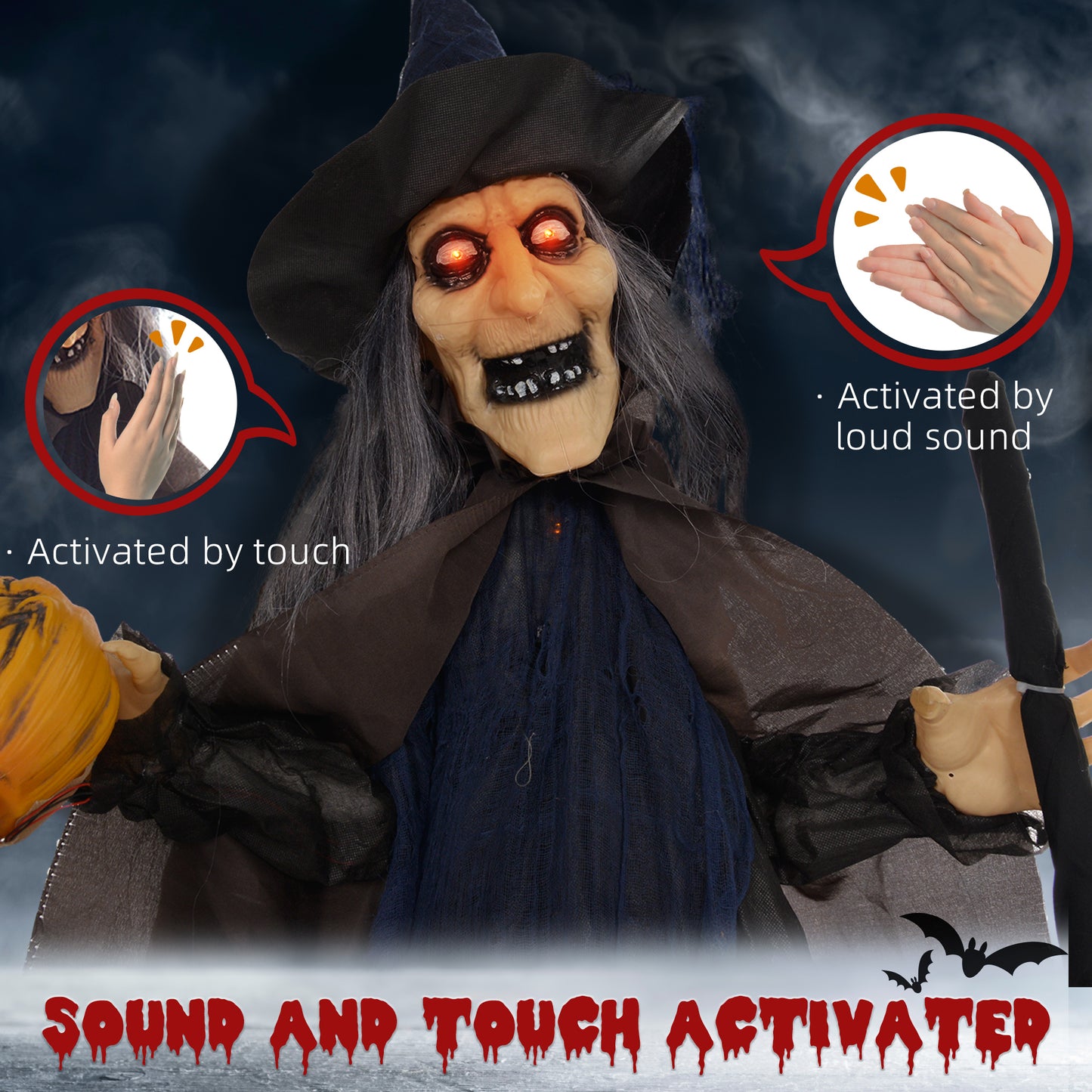 HOMCOM 190cm Witch with Broomstick Halloween Animatronic, Sound & Lights