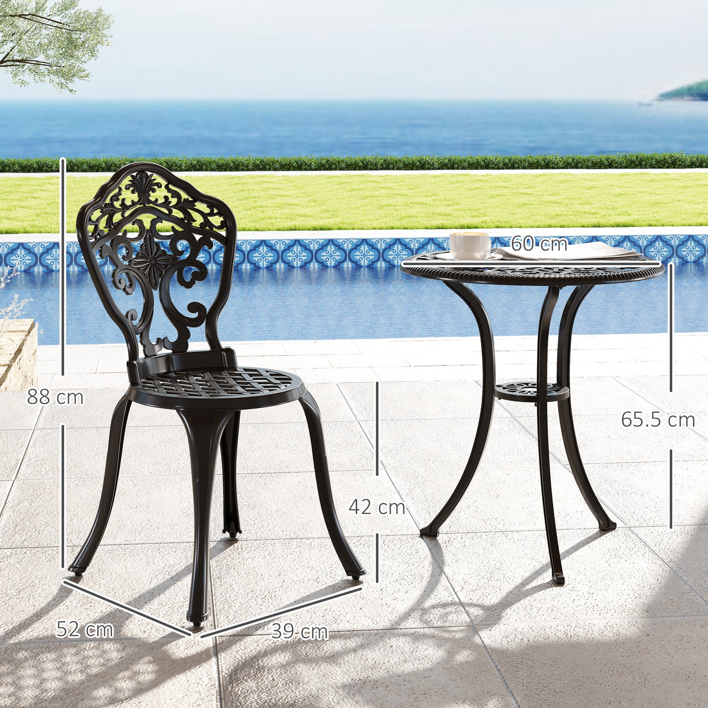 Outsunny 3 Piece Cast Aluminium Bistro Set for 2, Outdoor Table & 2 Chairs with Parasol Hole, Black