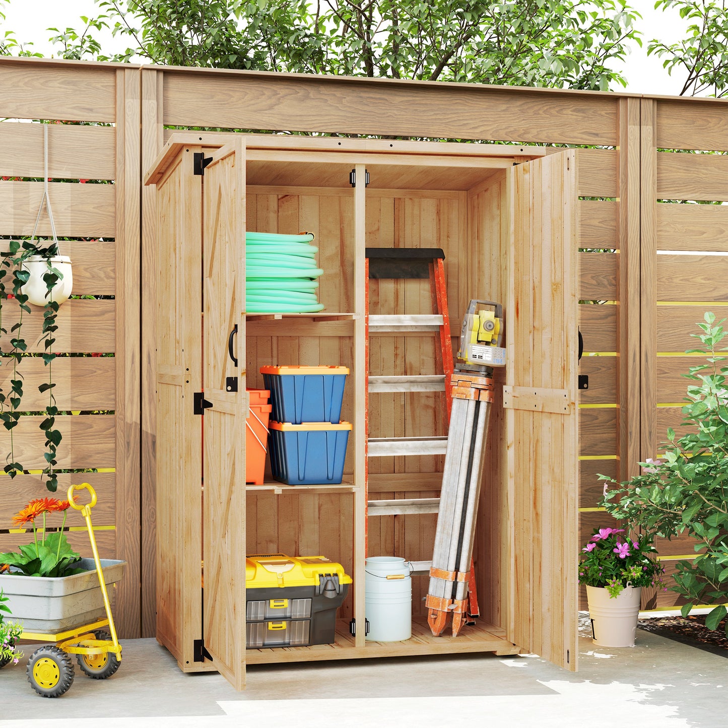 Outsunny Wooden Garden Storage Shed, Tool Cabinet with Asphalt Roof & 2 Shelves for Tools, Equipment, Double Doors, Natural