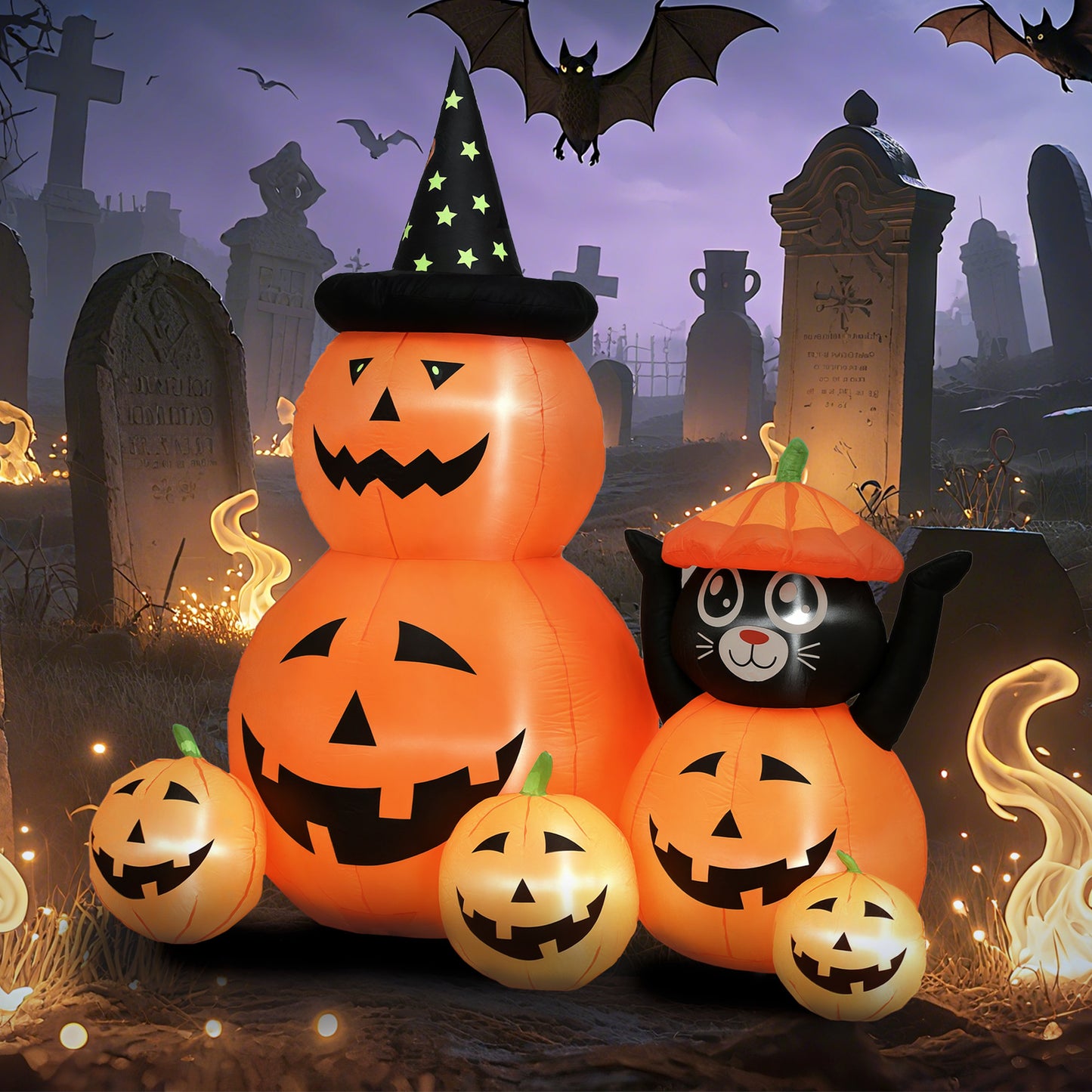 Outsunny Halloween Inflatable 180 cm Pumpkin and Cat with LED Lights, Self-Inflating Outdoor Decoration for Garden Party, Orange and Black
