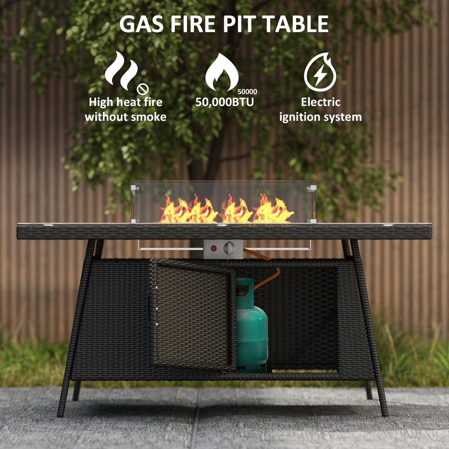 Outsunny 7-Piece Rattan Garden Furniture with Fire Pit Table, 6 Seater Set, Cushions, 50,000 BTU, Black