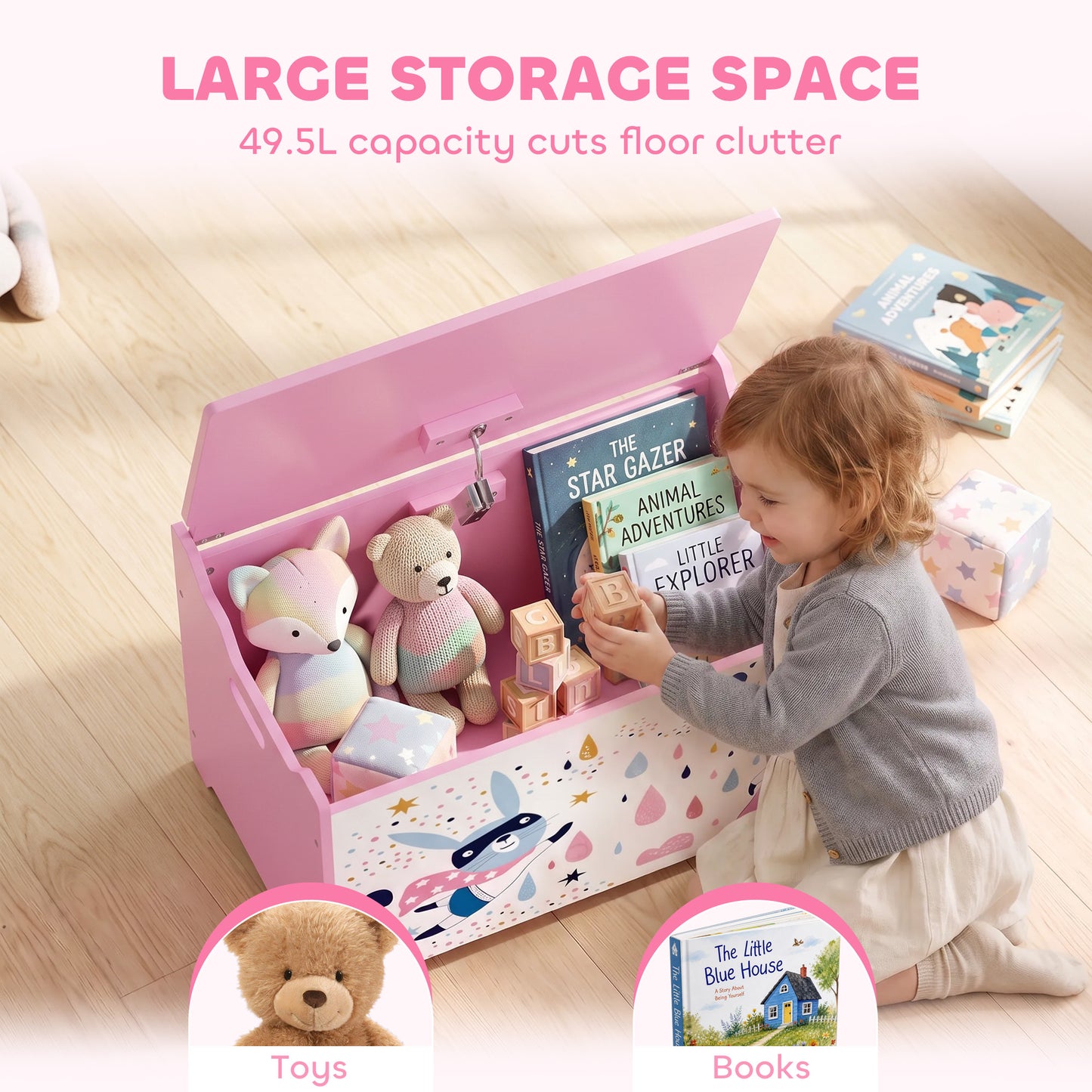 AIYAPLAY Storage Chest, Wooden Toy Chest with Lid, Flip-Top, Security Hinges and Anti-Pinch Design for Kids, Pink