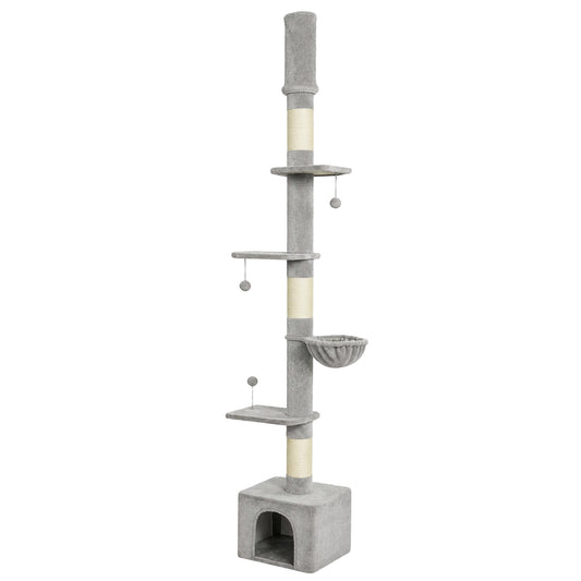 PawHut Floor to Ceiling Cat Tree, 230-250cm Multi-Level Cat Tower with Adjustable Height, Scratching Posts, Condo, Platforms