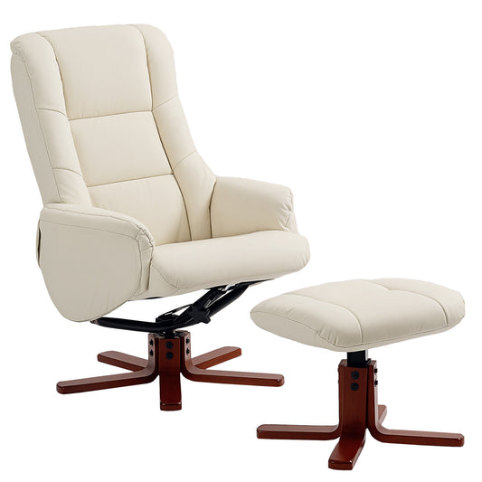 HOMCOM Rocking Recliner Chair with Footstool, PU Leather Armchair, Wood Base, Upholstered Recliner for Living Room Bedroom, Cream
