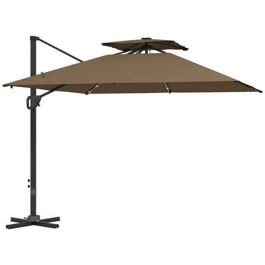 Outsunny Garden Cantilever Parasol, Solar LED, Centre Light, Aluminium, UPF50+ Sun Shade, Cross Base, Crank Tilt, 3.5x3m, Khaki