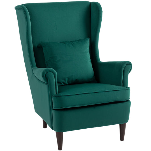 HOMCOM Accent Chair, Upholstered Wingback with High Backrest & Pillow, Velvet-Feel Fabric, Wood Legs for Living Room/Bedroom/Office, Dark Green