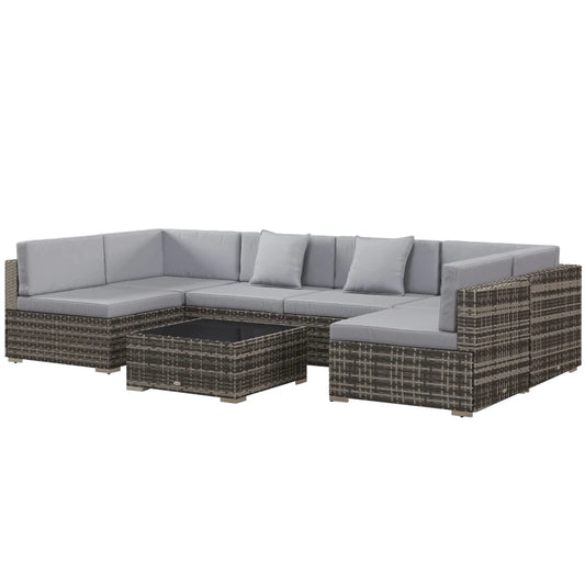 Outsunny 7 Pieces PE Rattan Garden Furniture Set with Thick Padded Cushion, Patio Garden Corner Sofa Sets with Glass Coffee Table and Pillows, Buckle Structure, Grey