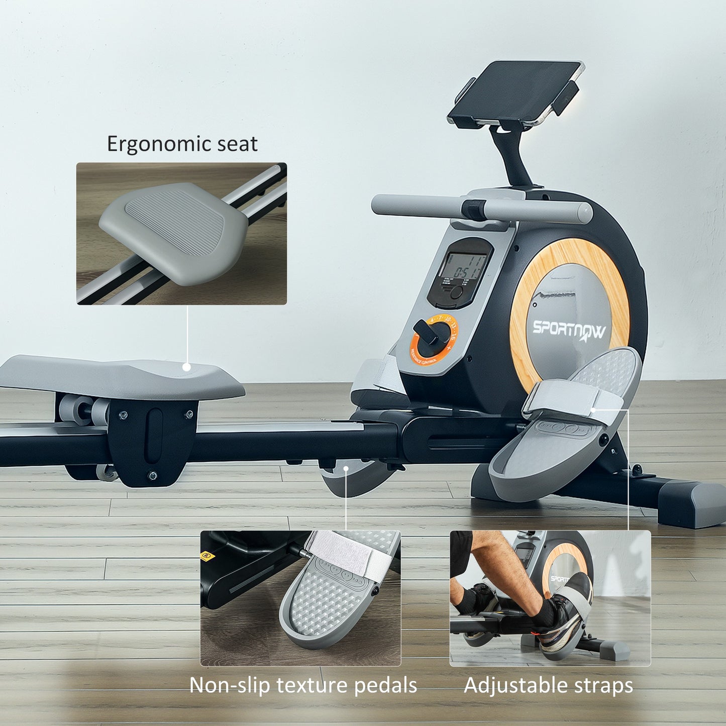 SPORTNOW Rowing Machine, 16-Level Magnetic Rower, LCD Monitor & Phone Holder, Vertical Storage, Black