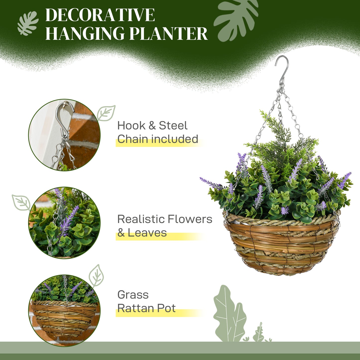 Outsunny 2 PCs Artificial Lisianthus Flower Hanging Planter with Basket for Indoor Outdoor Decoration, Purple