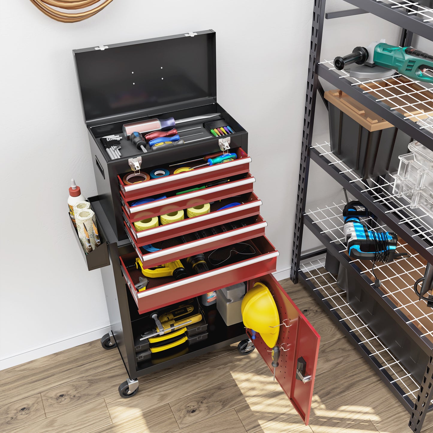 HOMCOM Rolling Tool Cabinet on Wheels with 5 Drawers and Lockable Cabinet, Portable Top Tool Chest and Roller Cabinet Combo for Workshop and Home, Red