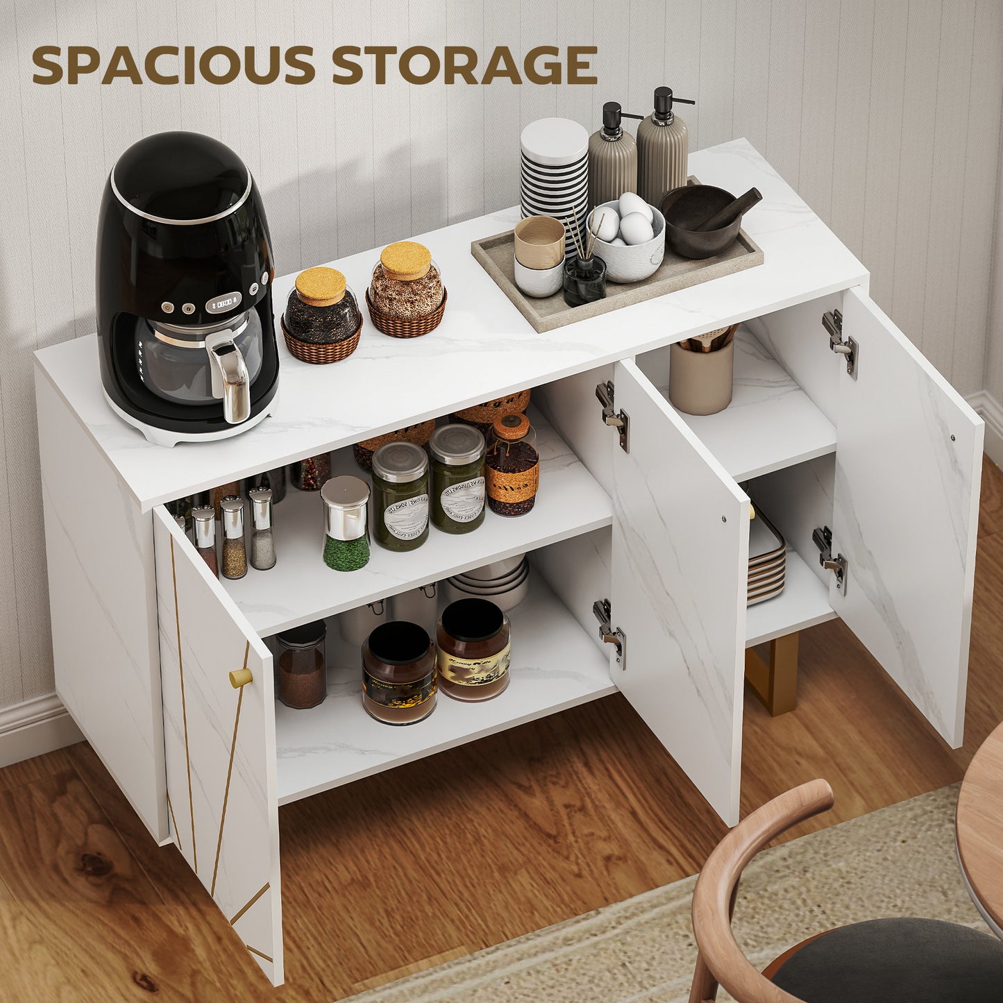 HOMCOM Sideboard Storage Cabinet, Modern Cupboard with Adjustable Shelves & Metal Legs for Living Room, Kitchen, Dining, Entryway, White Marble Tone