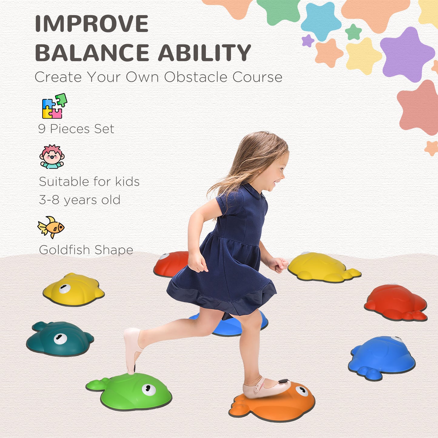 AIYAPLAY 9 Pcs Balance Stepping Stones Kids for Sensory with Non-slip Edge, Stackable Outdoor Indoor Obstacle Course