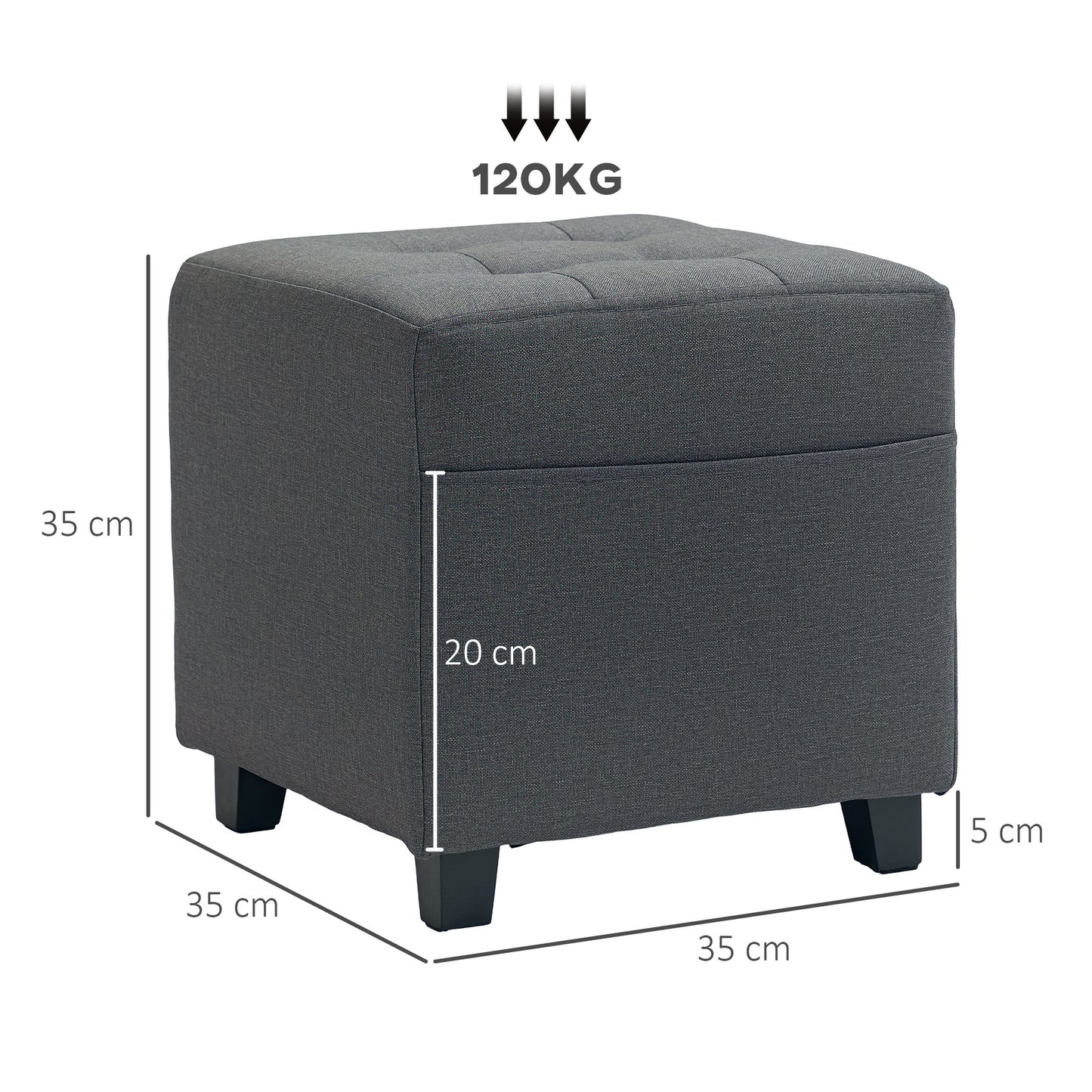 HOMCOM Footstool Ottoman, Linen Fabric with Side Pocket, Rubber Wood Legs, 35x35cm, Grey