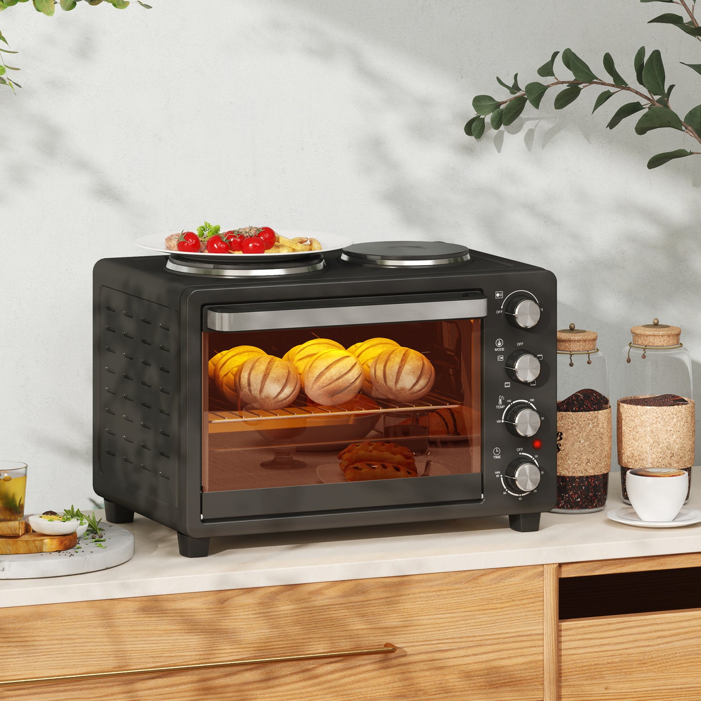 HOMCOM 28L Mini Oven with 2 Hot Plates, Toaster, Grill, Roast, Bake, Boil, Timer, 2600W, Black