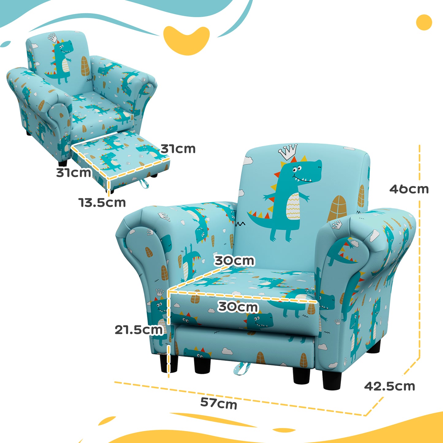 AIYAPLAY 2 Piece Kids Sofa Set with Dinosaur Design, Wooden Frame, for 1.5-3 Years Old - Blue
